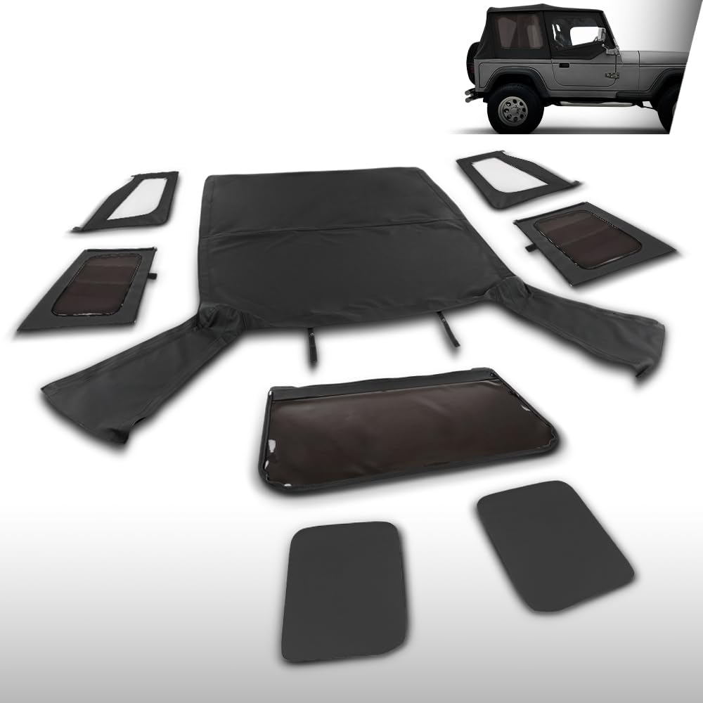 G-PLUS Soft Top Sailcloth Black W/Plastic Windows Compatible with Jeep Wrangler 1987-1995 with Factory Squared Style Upper Doors 9870215, 9870217 Black