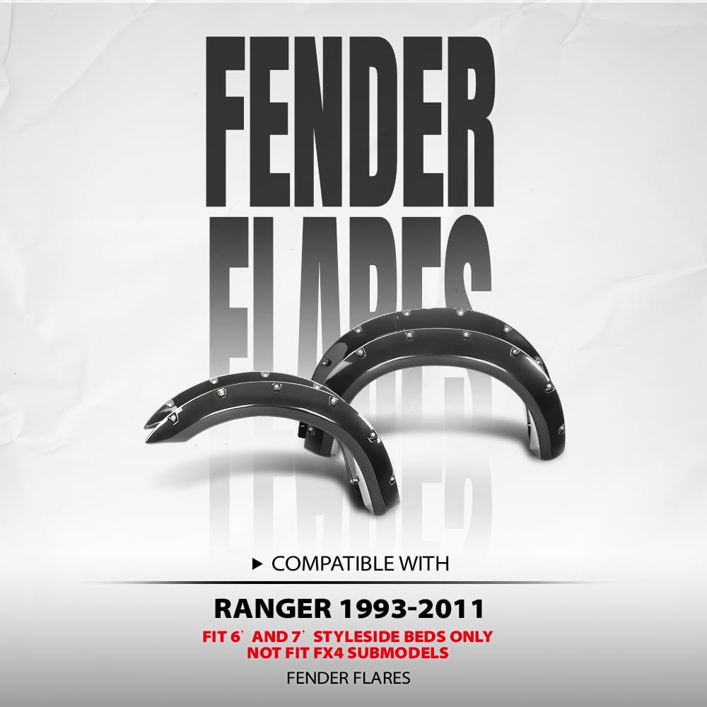 G-PLUS Fender Flares Compatible with Ford Ranger 1993-2011, Fit 6' and 7' Styleside Beds Only, Not Fit FX4 Submodels Black, Smooth Riveted Style