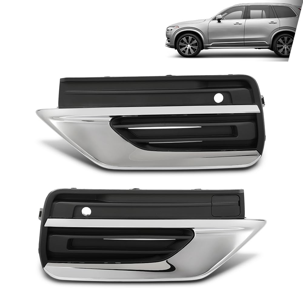 G-PLUS Bumper Fog Light Grille Grill Trim Front Left & Right Side Compatible with Volvo XC90 2020-2024 31663514, 31663515 Chrome Black