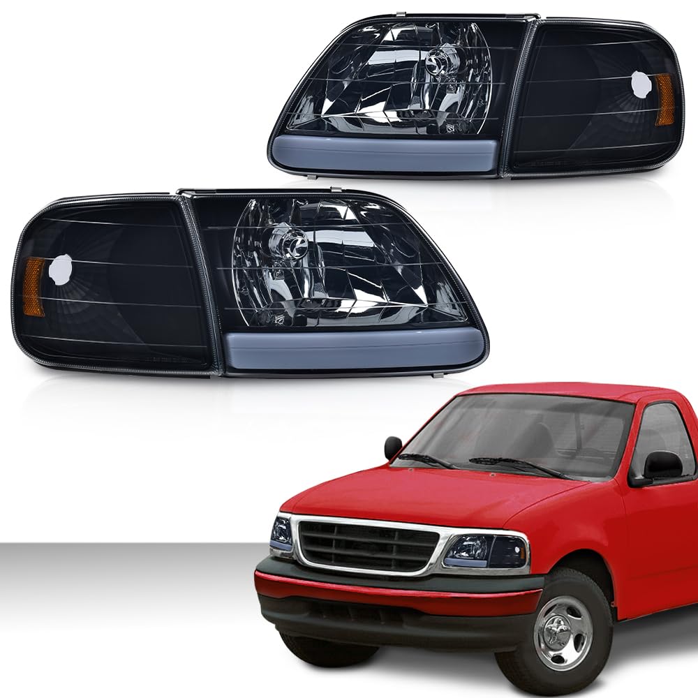 G-PLUS LED DRL Headlights Compatible with Ford Expedition 1997-2002/Fit F150 1998-2003/Fit F250 Light Duty 1997-1999 w/Corner Lamps Smoky Lens Black Housing Amber Reflector