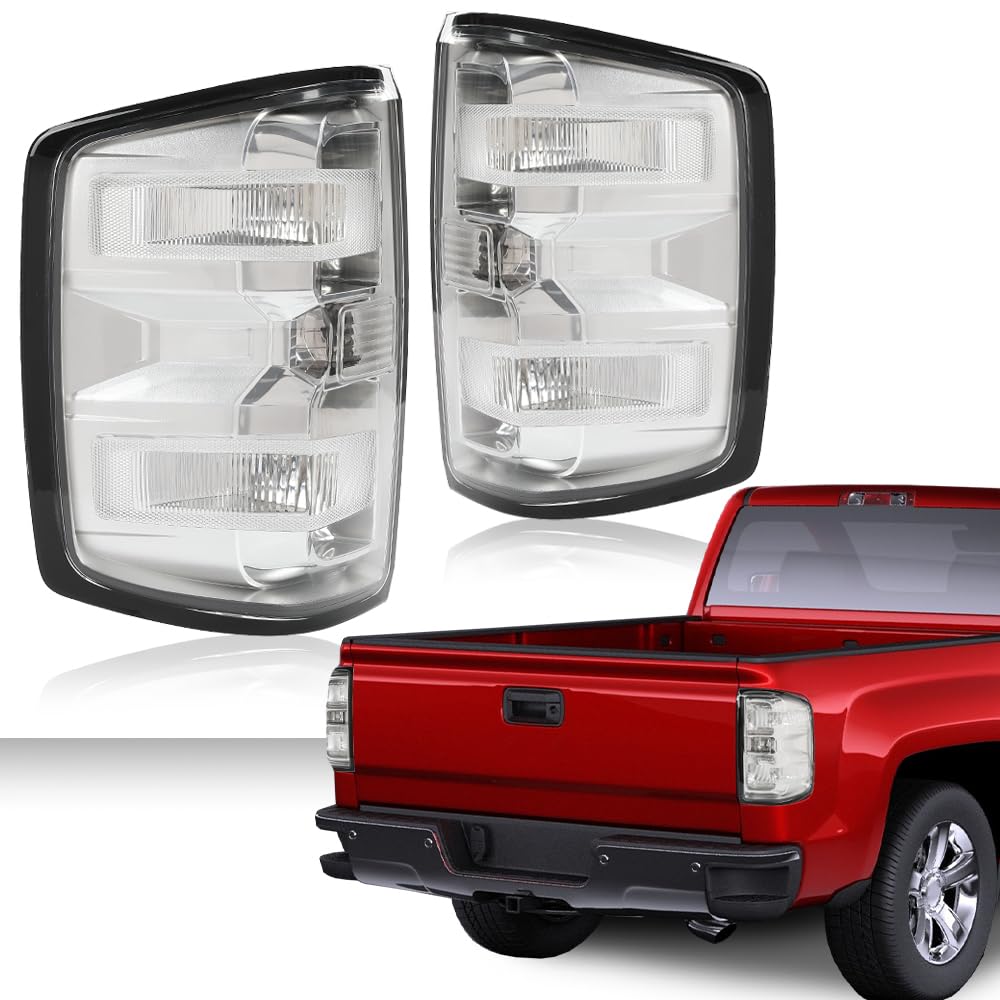 G-PLUS Tail Lights w/Bulbs Compatible with Chevy Silverado 1500 2014-2018/Fit Silverado 2500 HD 3500 HD 2015-2019 w/o Wiring Harness Clear Lens Chrome Housing Brake Lamp Rear LightsAssembly