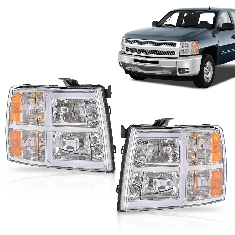 G-PLUS LED Headlights Assembly,Compatible with Chevy Silverado 1500 2007-2013/Fit 2007-2014 Chevy Silverado 2500 3500 & HD Bumper Corner Headlamp W/o Bulbs Clear Lens Chrome Housing Amber Reflector
