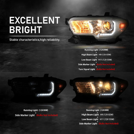 G-PLUS LED Headlights Assembly Compatible with Toyota Tacoma 2016-2022, DRL Headlamps Clear Lens Chrome Housing Amber Reflector Left & Right, faros delanteros TO2502244, TO2503244