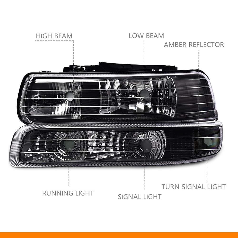 G-PLUS Headlights Assembly, Compatible with 1999-2002 Chevy Silverado/ 2000-2006 Suburban Tahoe Bumper Headlamps, Clear Lens Black Housing Clear Reflector,faros delanteros