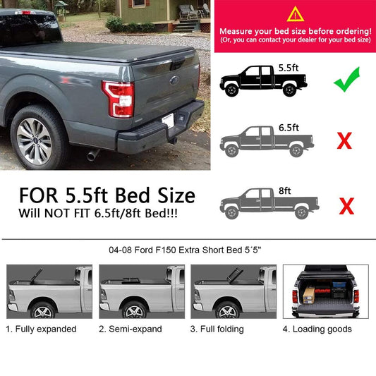 G-PLUS Four Fold Retractable Soft Quad Fold Tonneau Cover Compatible with Ford F150 2004-2008 (Excl. 2004 Heritage)/Compatible with Lincoln Mark LT 2005-2008 | Styleside 5.5' 5.5ft Bed