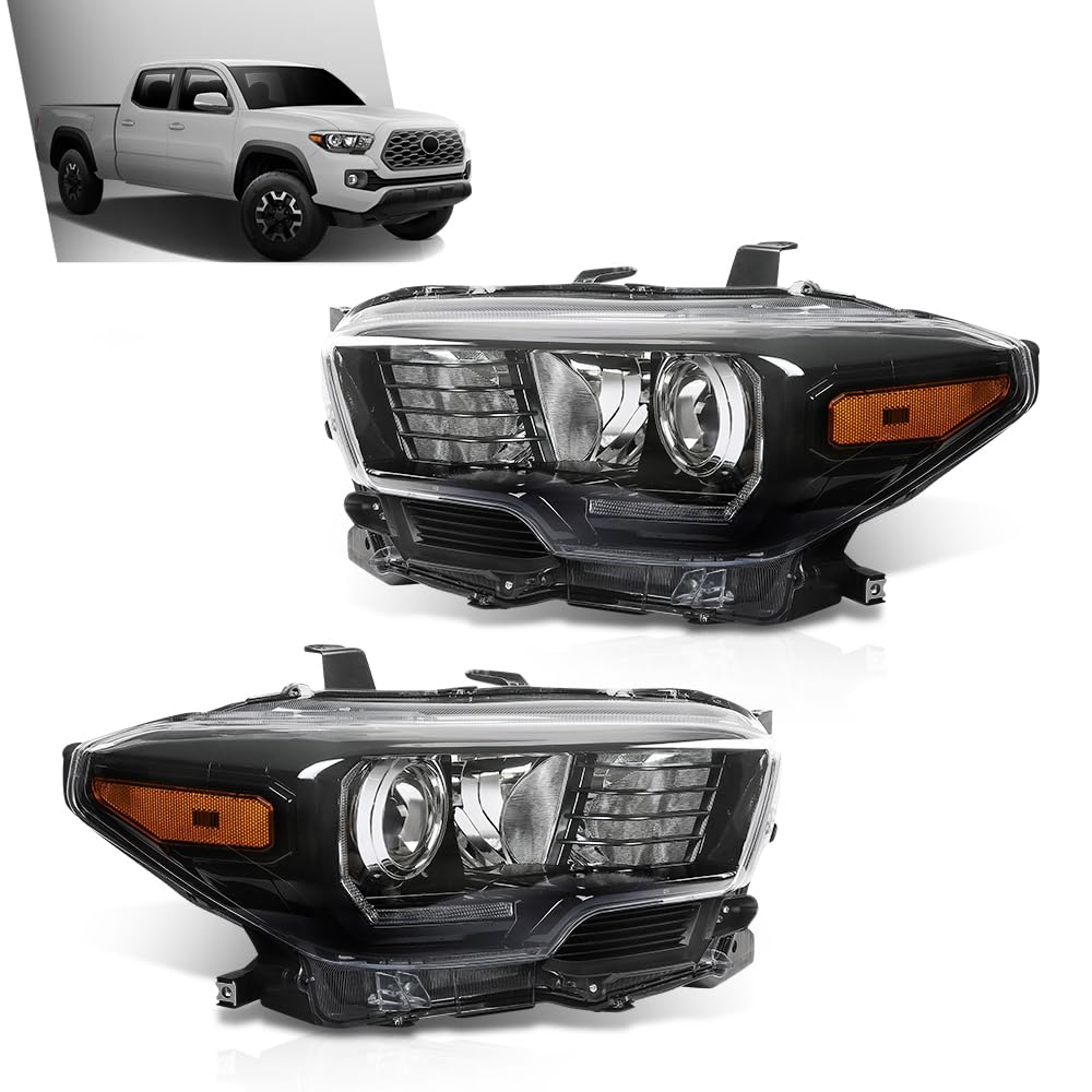G-PLUS Headlights Assembly w/LED DRL Compatible with Toyota Tacoma 2016 2017 2018 2019 2020 2021 2022, Headlamps Clear Lens Black Housing Amber Reflector, TO2502244, TO2503244 faros delanteros