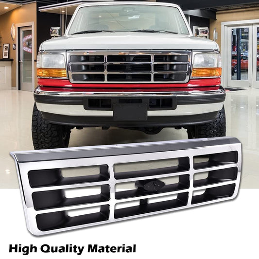 G-PLUS Front Grille Compatible with 1992-1997 Ford F250 F350 Platinum Chrome w/Emblem Truck Replacement