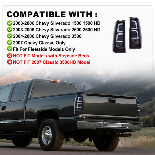 G-PLUS TAIL LIGHTS W/Wiring Harness Compatible with Chevy Silverado 2003-2006 Driver Left & Passenger Right Tail Lamps Smoke Lens Black Housing w/White light Bar, Luces Traseras Faros TraserosAssembly