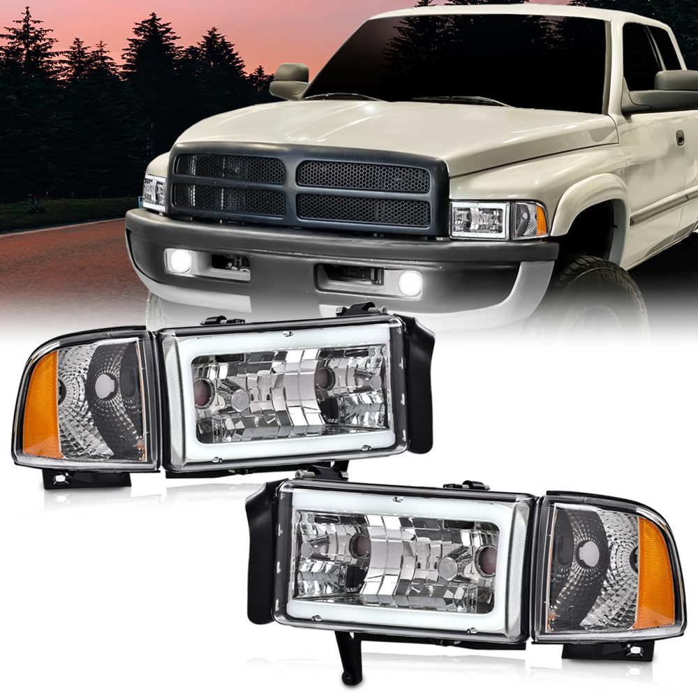 G-PLUS LED Light Strip Headlights w/o Bulbs Fit Dodge Ram 1500 1994-2001/Dodge Ram 2500 3500 1994-2002 Clear Lens Chrome Housing Amber Reflector Bumper Headlamps,faros delanteros Assembly