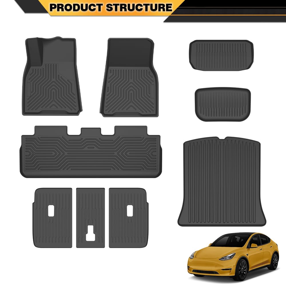 G-PLUS 9PCS Cargo Liners Mat Fit Tesla Model Y 2020-2024 5-Seat (NOT for 7-SEAT) All Weather 1st & 2nd & 3rd Row Truck Cover Mats,Waterproof TPE Floor Liners