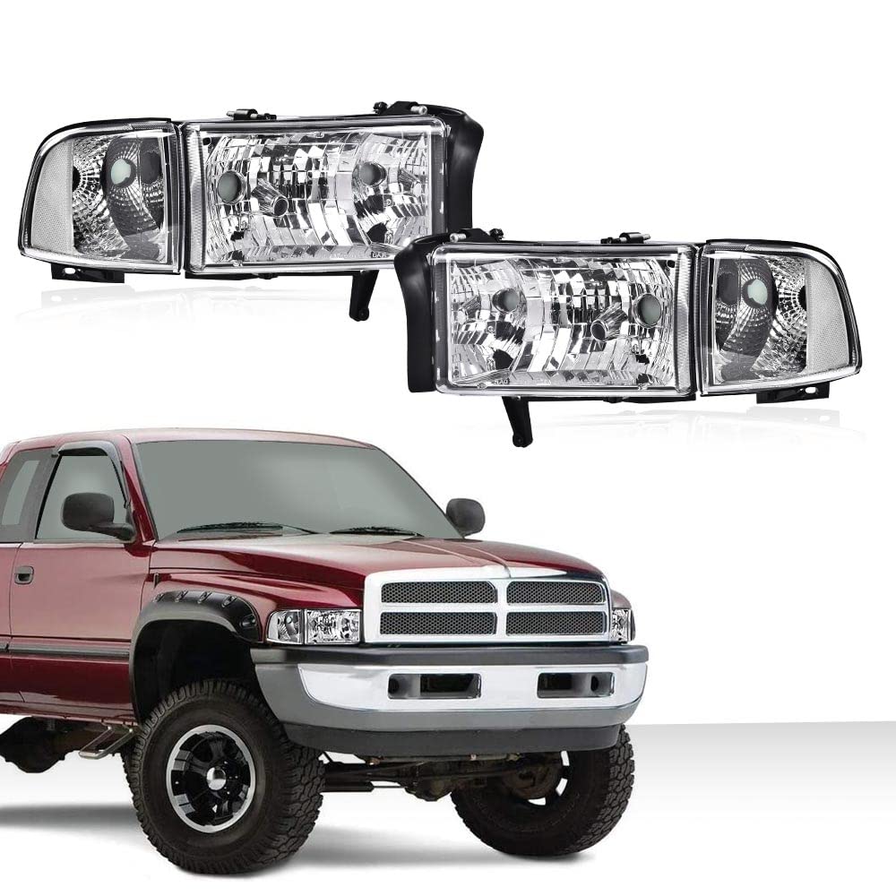 G-PLUS Headlights Fit Dodge Ram 1500 1994-2001/Fit Dodge Ram 2500 3500 1994-2002 Clear Lens Chrome Housing Clear Reflector Bumper Headlamps w/o Bulbs,faros delanteros Assembly