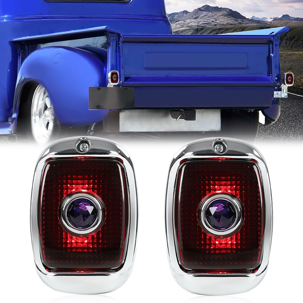 G-PLUS Tail Lights Assembly w/Blue Jewel Compatible with Chevy GMC Truck 1940-1953 w/Chrome Rim Left & Right Side Tail Lamps Luces Traseras, Red Lens