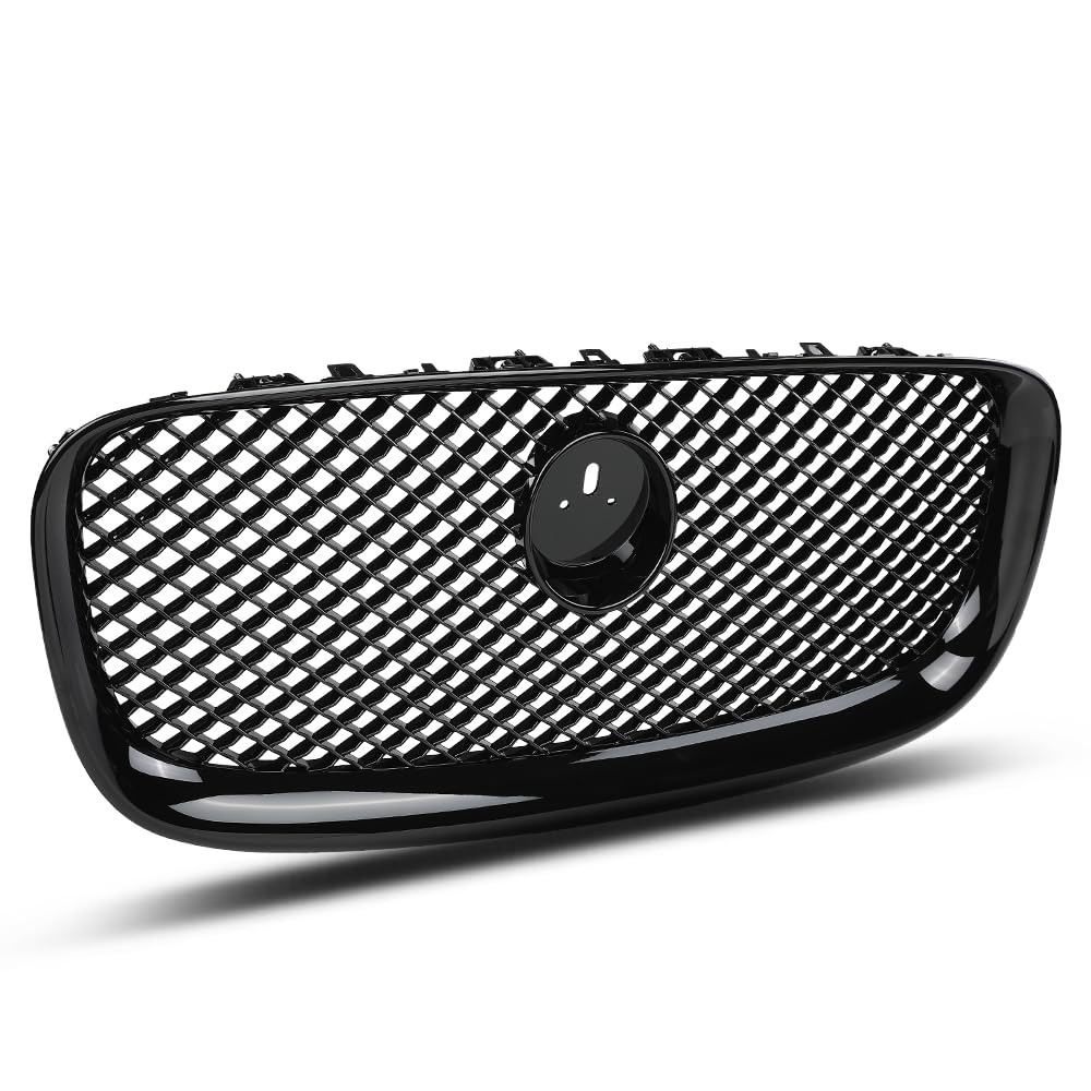 G-PLUS Front Center Upper Mesh Grille W/Emblem Compatible with Jaguar XF XFR 2012-2015 Gloss Black Grill