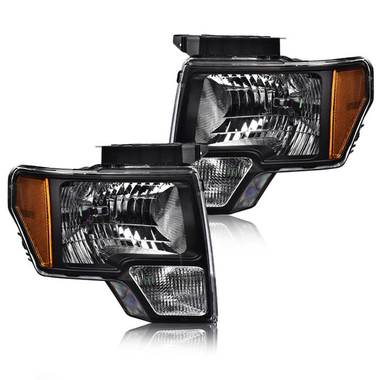 G-PLUS Headlights Assembly for Ford F150 2009-2014 Clear Lens Black Housing Amber Reflector
