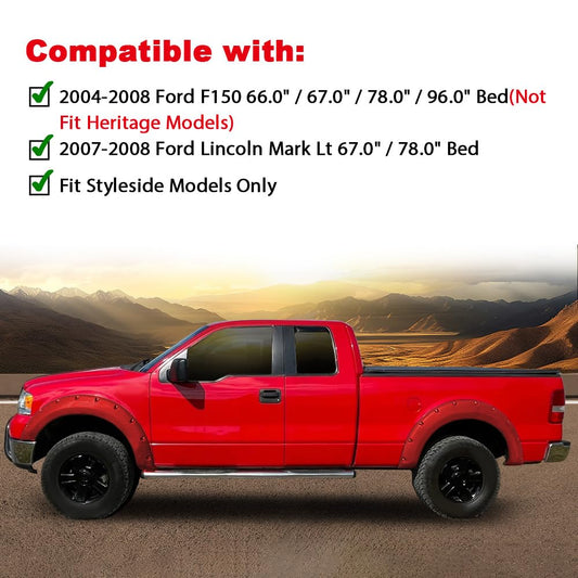 G-PLUS 4PCS Fender Flares Compatible with Ford F150 2004-2008 with 66.0" / 67.0" / 78.0" / 96.0" Bed Length (Not Fit Heritage Models) Wheel Opening Molding Arch Trim, Textured Riveted Style