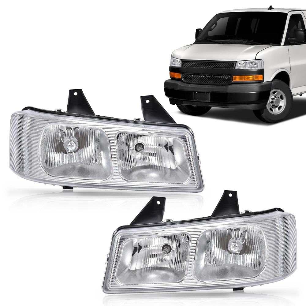 G-PLUS Headlights Assembly w/Bulbs Compatible with Chevy Express 1500 2500 3500 Van 2003-2019/Compatible with GMC Savana 1500 2500 3500 Van 2003-2019 Headlamp Clear Lens Chrome Housing Amber Reflector