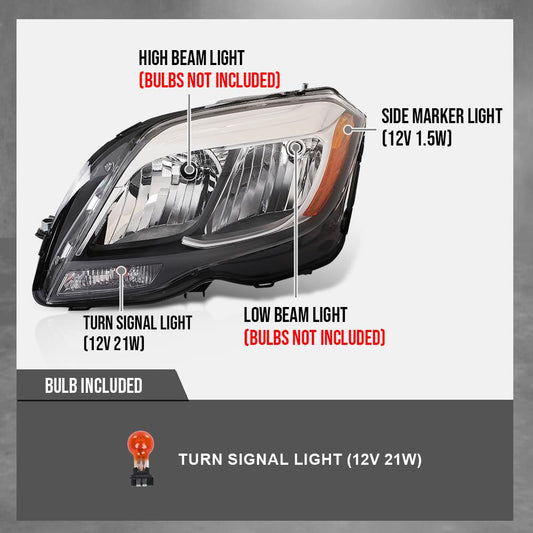 G-PLUS Halogen Headlight with Bulb Left Compatible with Benz GLK250 Bluetec 4Matic 2013 2014 2015, Fit Benz GLK350 (submodel: 4Matic, Base) 2013-2015 2048204139, MB2502203 Black