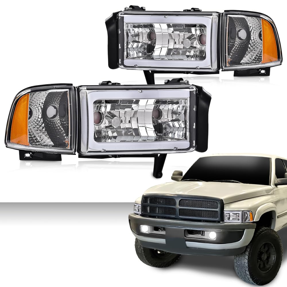 G-PLUS LED C Light Bar Headlights Assembly Fit Dodge Ram 1500 1994-2001/Fit Dodge Ram 2500 3500 1994-2002 Headlamps w/o Bulbs DRL Clear Lens Chrome Housing Clear Reflector,faros delanteros