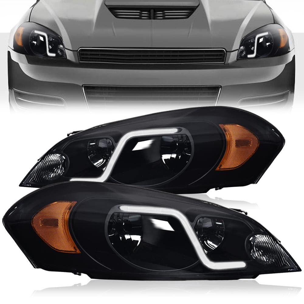 G-PLUS LED Headlights Assembly Fit Chevy Monte Carlo 2006 2007/Chevy Impala 2006-2013/Chevy Impala Limited 2014-2016 DRL Corner Headlamps Smoky Lens Black Housing Amber Reflector,faros delanteros