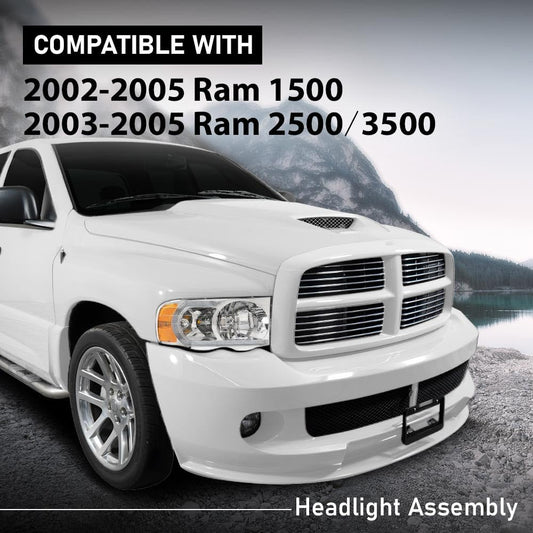 G-PLUS LED Headlights Headlamps Compatible with Dodge Ram 1500 2002-2005,Compatible with Dodge Ram 2500 3500 2003-2005 Chrome Clear Lens Clear Housing Amber Reflector,faros delanteros Assembly