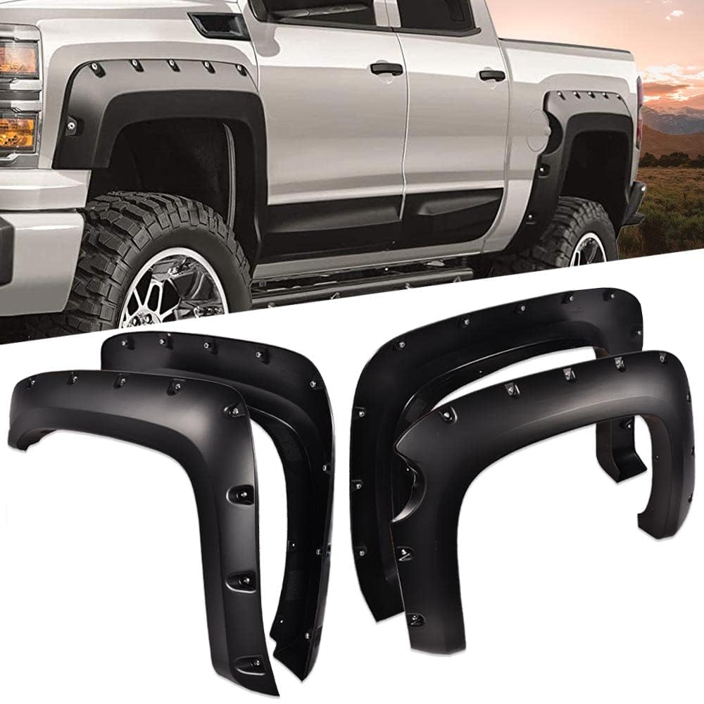G-PLUS Fender Flares 4 PCS Smooth Pocket Riveted Compatible with 2007-2013 Chevy Silverado 1500, Fit 69.3" Short Bed Crew Cab (Not Fit 07 Classic Models & GMC Sierra) Front & Rear Wheel Flares Cover
