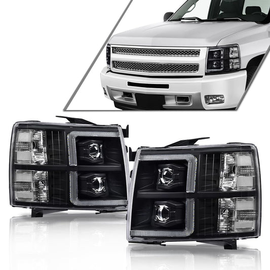 G-PLUS LED Tube Dual Projector Headlights w/Bulbs,HEADLIGHTS | Fit Chevy Silverado 1500 2007-2013/Fit Silverado 2500 3500 & HD 2007-2014, Headlamps faros delanteros,Clear Lens Black Housing Clear Reflector