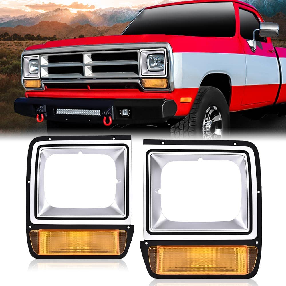 G-PLUS Headlights Headlamps Bezel Pair Set w/Corner Parking Light Compatible with Dodge Pickup Truck 1986-1990 4249810 CH2513122 4249811 CH2512122,faros delanteros