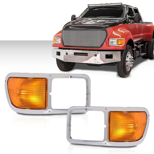 G-PLUS Front Headlight Bezels Compatible with Ford F650 F750 2000-2015 FO2520196, FO2521196, YC3Z13201AA, YC3Z13200AA Chrome Finish Headlamp Trim Frame