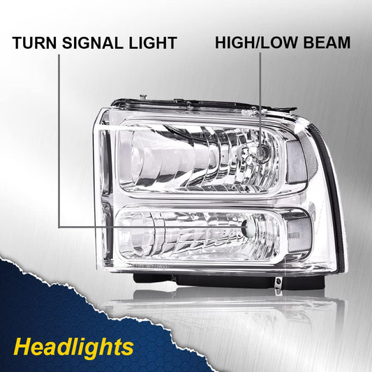 G-PLUS Headlights Assembly, Compatible with Ford F250 F350 F450 F550 Super Duty 1999-2004/Fit Ford Excursion 2000-2004 Bumper Headlamps, Clear Lens Chrome Housing Clear Reflector,faros delanteros