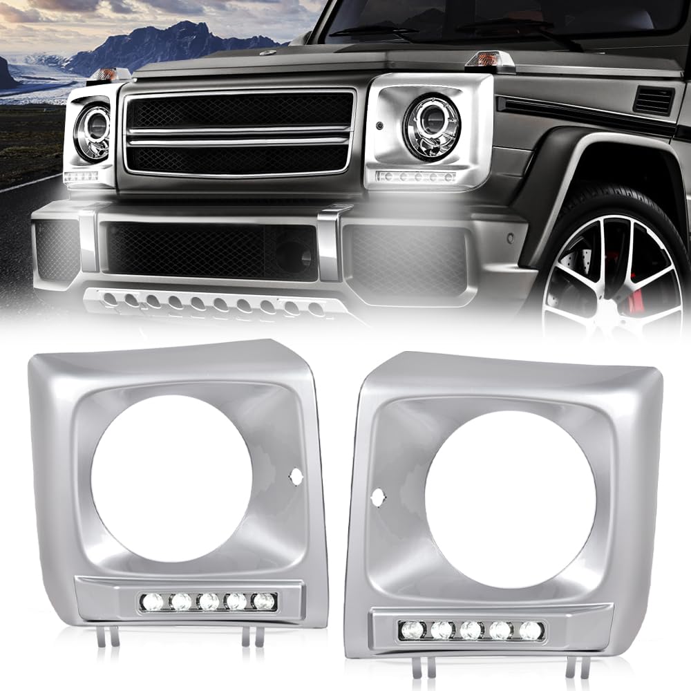 G-PLUS Silver Headlight Bezel with LED DRL Light Strip & Wire harness Compatible with 1990-2018 Mercedes Benz G-class W463 G63 G65 G500 G550 G55 AMG