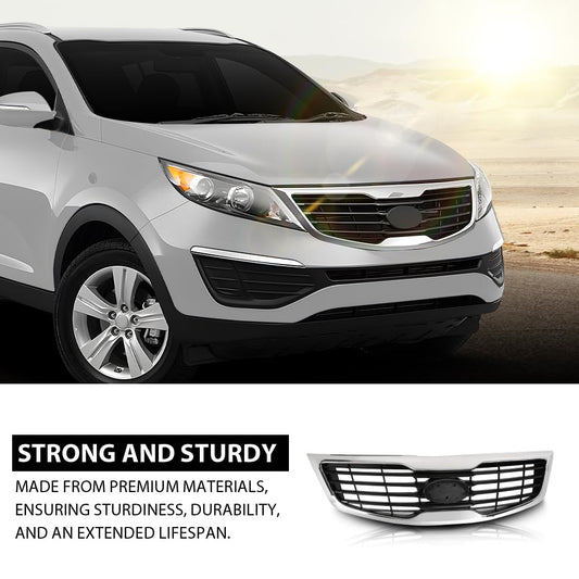 G-PLUS Front Bumper Grille with Chrome Molding Plastic Compatible with Kia Sportage 2011-2012 863503W000, KI1200147 Grill