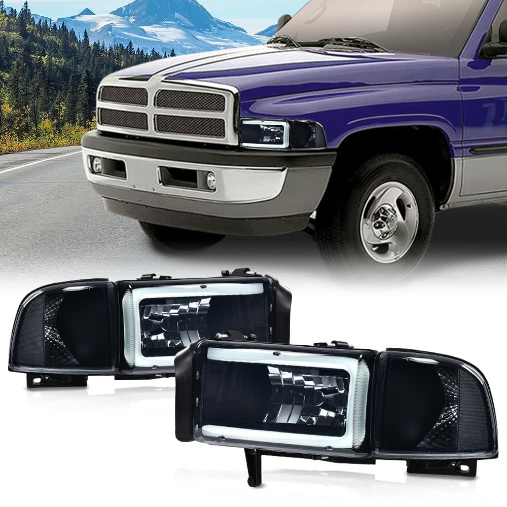 G-PLUS LED Light Strip Headlights Lamps w/o Bulbs Fit Dodge Ram 1500 1994-2001/Dodge Ram 2500 3500 1994-2002,Smoke Lens Black Housing Clear Reflector Bumper Headlamps,faros delanteros Assembly