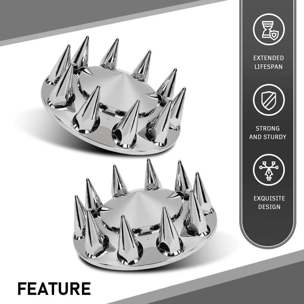 G-PLUS Front Wheel Covers Set Chrome Hub Cover 33mm Spiked Hub Axle Compatible with Semi-Truck 20",22.5" and 24.5" Wheels ABS Plastic Silver Pair