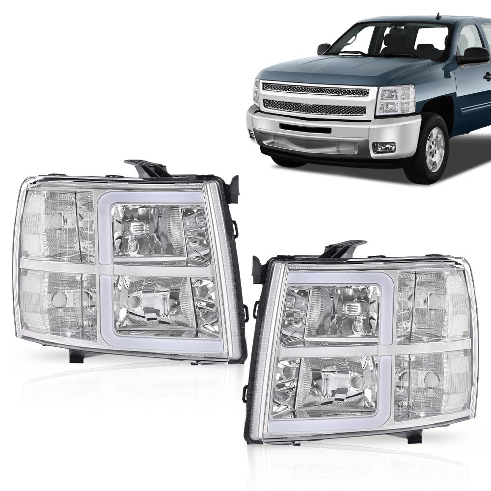 G-PLUS LED DRL Tube Projector Headlights W/o Bulbs Fit Chevy Silverado 1500 2007-2013/Fit Silverado 2500 HD 3500 HD 2007-2014 Clear Lens Chrome Housing Clear Reflector Bumper Headlamps