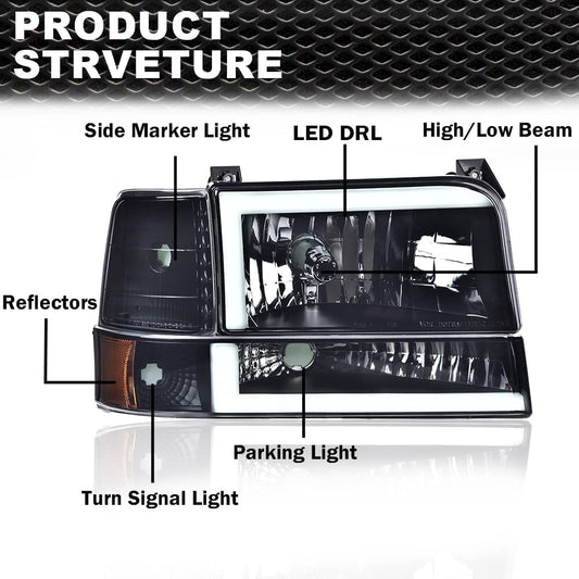 G-PLUS LED DRL Headlights Fit Ford Bronco F150 F250 F350 1992-1996,Fit w/Halogen Headlights Only,Bumper Headlamps, Left & Right Clear Lens Black Housing Amber Reflector,faros delanteros