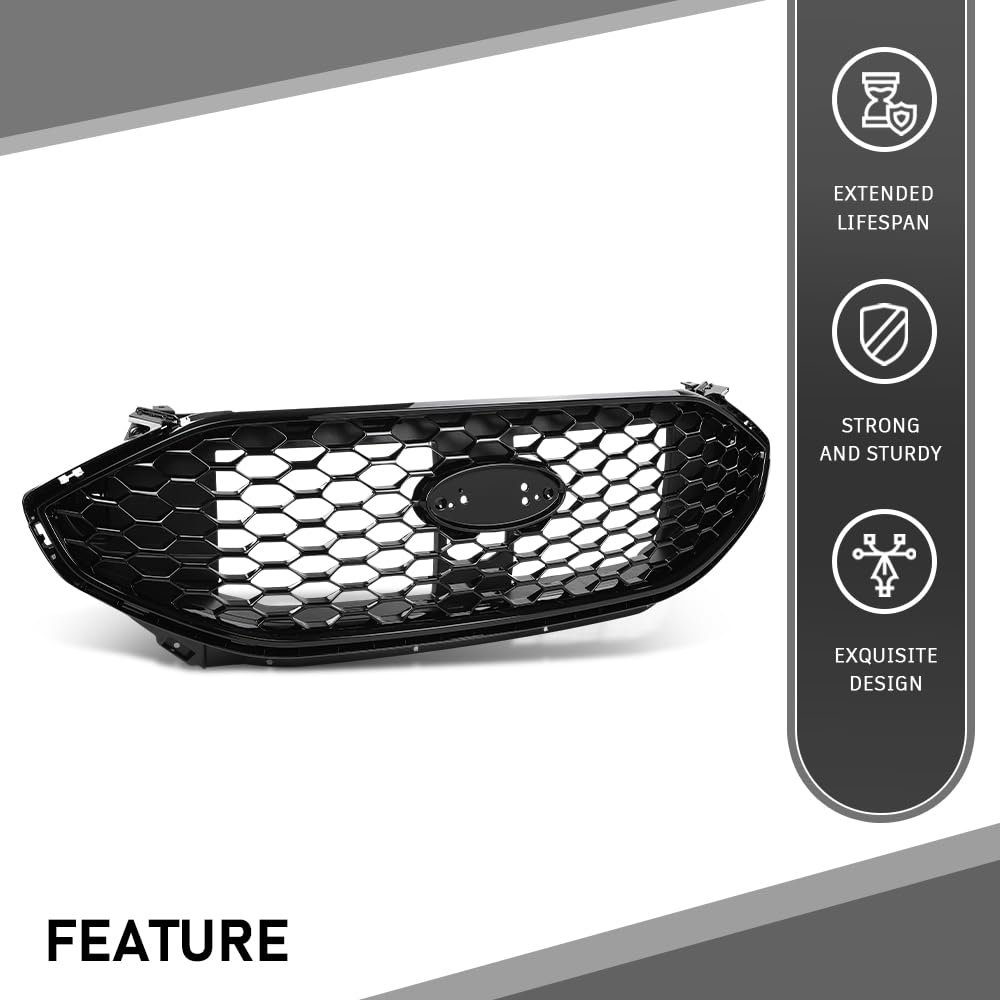 G-PLUS Front Upper Grille Compatible with Ford Edge ST/ST-Line 2019-2022 PT4B-8200, KT4Z-8200, KT4B-8A133 Gloss Black