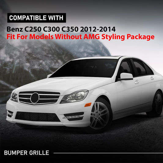 G-PLUS Front Bumper Grille With Parktronic Holes Center Compatible with Benz C250 C350 2012-2015, Fit For Models Without AMG Styling Package 2048851324