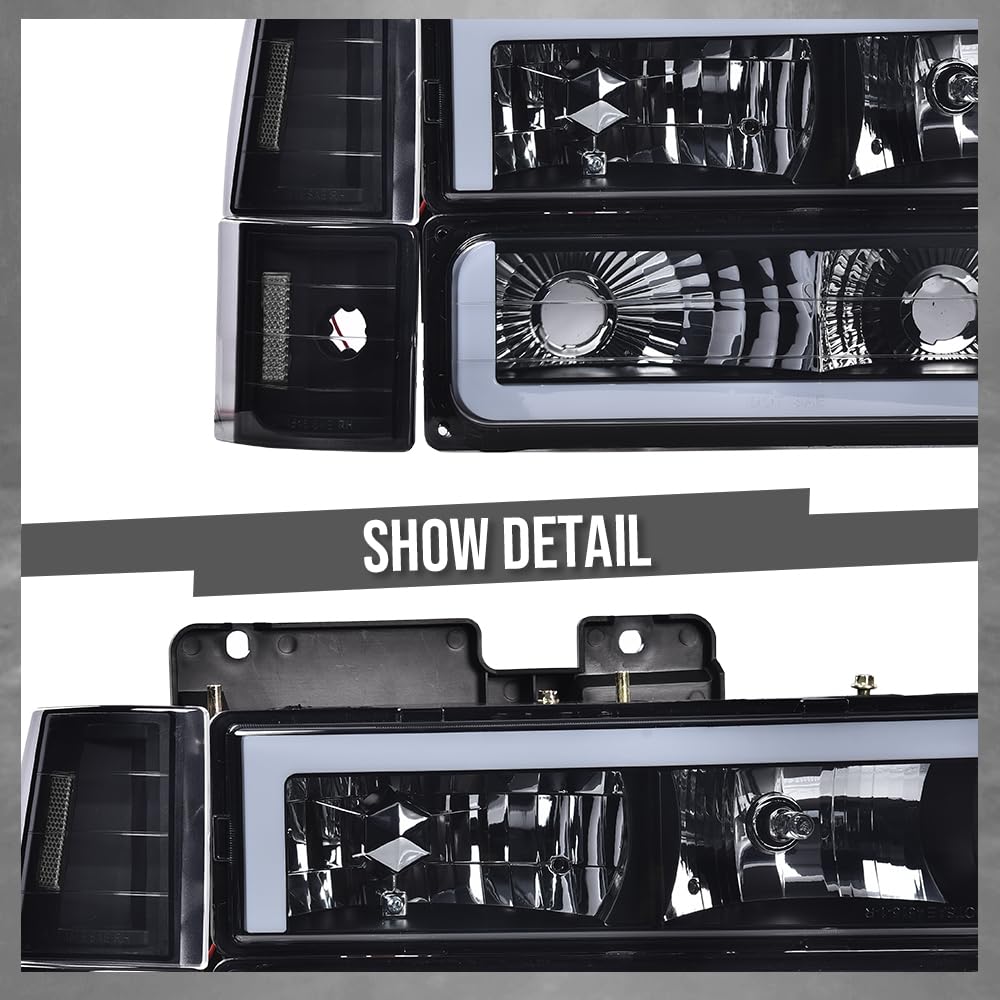 G-PLUS LED Headlights Fit GMC C/K1500 C/K2500 Yukon Suburban 1994-1999,Fit GMC C/K2500 C/K3500 1994-2000 Headlamps Smoke Lens Black Housing Clear Reflector,faros delanteros Assembly