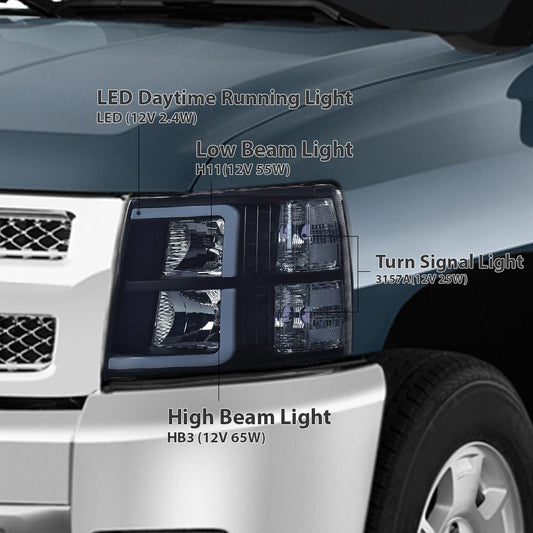 G-PLUS DRL Tube Projector LED Headlights Assembly Fit Chevy Silverado 1500 2007-2013, Fit Chevy Silverado 2500 HD 3500 HD 2007-2014 Headlamps w/o Bulbs Smoky Lens Black Housing Clear Reflector