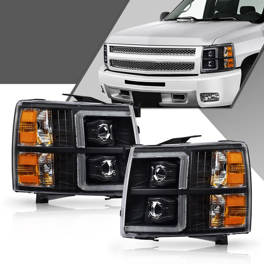G-PLUS LED Tube Dual Projector Headlights Assembly, HEADLIGHTS | Fit Chevy Silverado 2500 3500 & HD 2007-2014/HEADLIGHTS | Fit Chevy Silverado 2007-2013,Headlamps Clear Lens Black Housing Amber Reflector,faros delanteros