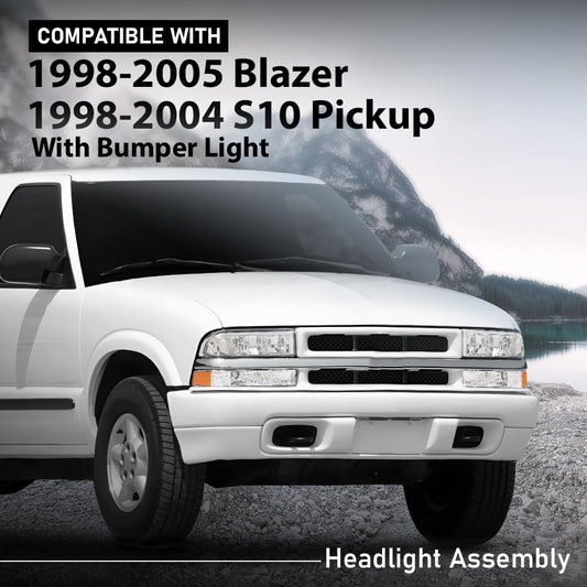 G-PLUS LED Headlights Front Headlamps Fit Chevy Blazer 1998-2005, Fit Chevy S10 Pickup 1998-2004 with Bumper Lights Clear Lens Chrome Housing Amber Reflector,faros delanteros Assembly