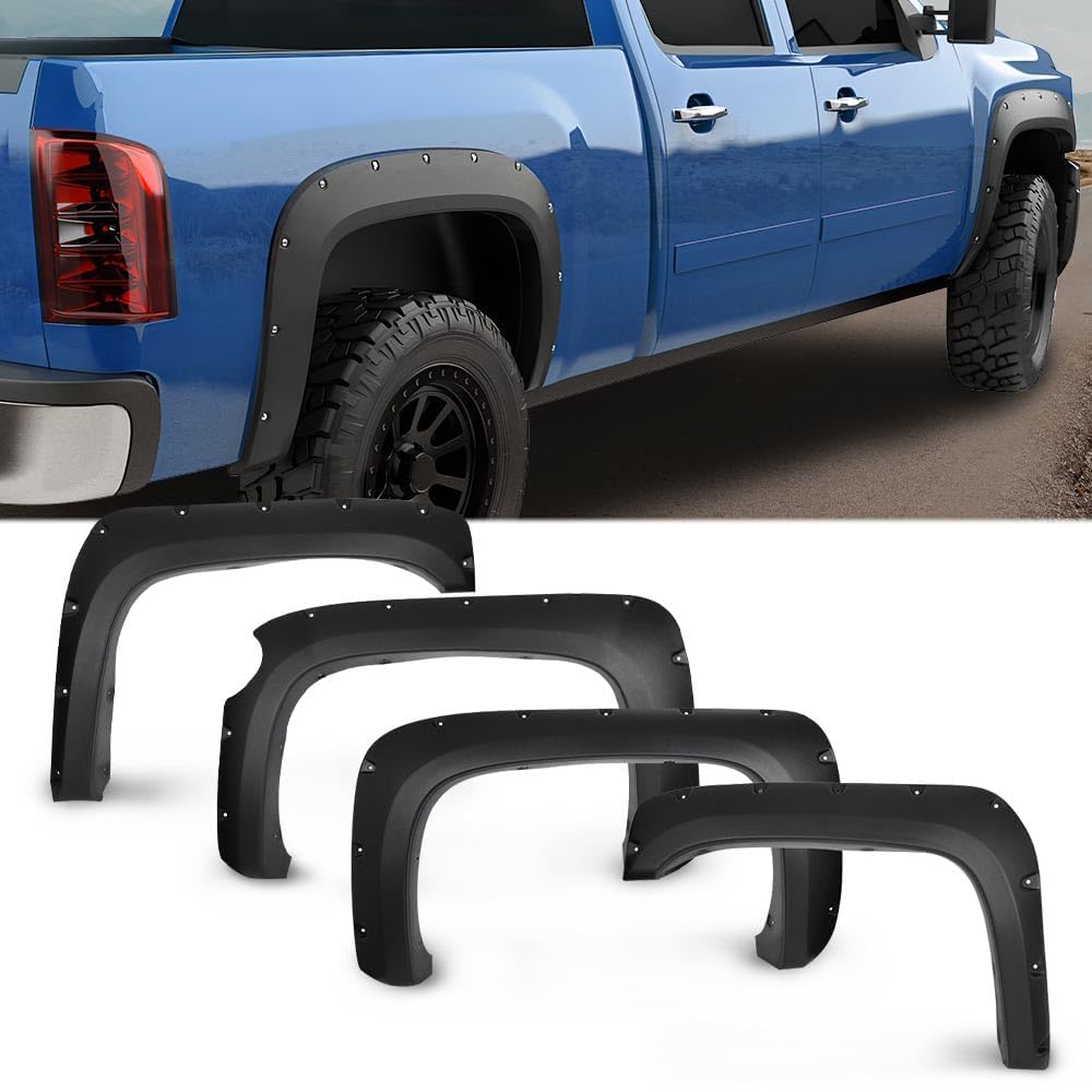 G-PLUS Pocket Rivet Textured Fender Flares 4 PCS Compatible with 2007-2013 Chevy Silverado 1500, Only Fit 5.8' Short Bed Crew Cab (Not Fit 07 Classic Models & GMC Sierra) Wheel Flares Protector Cover