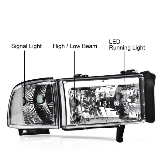G-PLUS LED Headlights Fit 1994-2001 Dodge Ram 1500/1994-2002 Dodge Ram 2500 3500,Not fit Ram Sport, w/o Bulbs Clear Lens Chrome Housing Clear Reflector Bumper Headlamps,faros delanteros Assembly