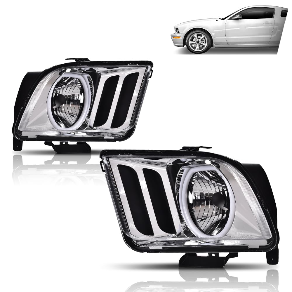 G-PLUS LED Headlights Assembly Compatible with Ford Mustang 2005-2009 7R3Z13008D, 7R3Z13008C Bumper Headlamps Left & Right Clear Lens Chrome Housing Amber Reflector faros delanteros