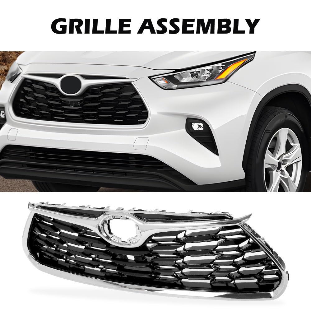 G-PLUS Front Bumper Upper Grille Chrome Trim Grill w/Hole Compatible with Toyota Highlander 2020-2022, Fit Models With Front View Camera, Not fit XSE models 31010E330, TO1200457