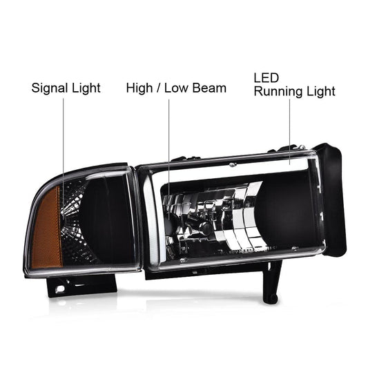 G-PLUS DRL LED Headlights Compatible with Dodge Ram 1500 1994-2001,Fit Dodge Ram 2500 3500 1994-2002(Not for Ram Sport) Headlamps Assembly w/o Bulbs Clear Lens Black Housing Amber Reflector