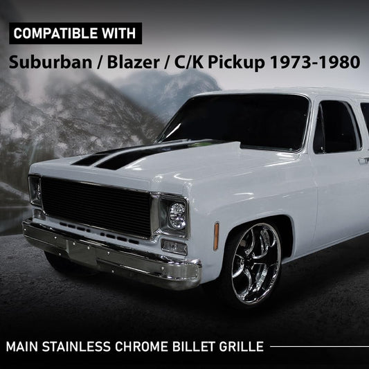 G-PLUS Front Bumper Billet Grille Stainless Compatible with Chevy Blazer Suburban C/K Pickup 1973-1980, Fit GMC C/K Pickup Suburban 1973-1980 Black Grill