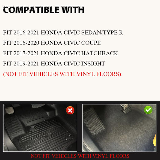 G-PLUS Floor Mats Fit Honda Civic Coupe/Sedan/Type R/Insight 2016-2021,Honda Civic Hatchback 2017-2021 TPE All Weather Custom Fit Protection Floor Liners Accessories Front & 2nd Row Black