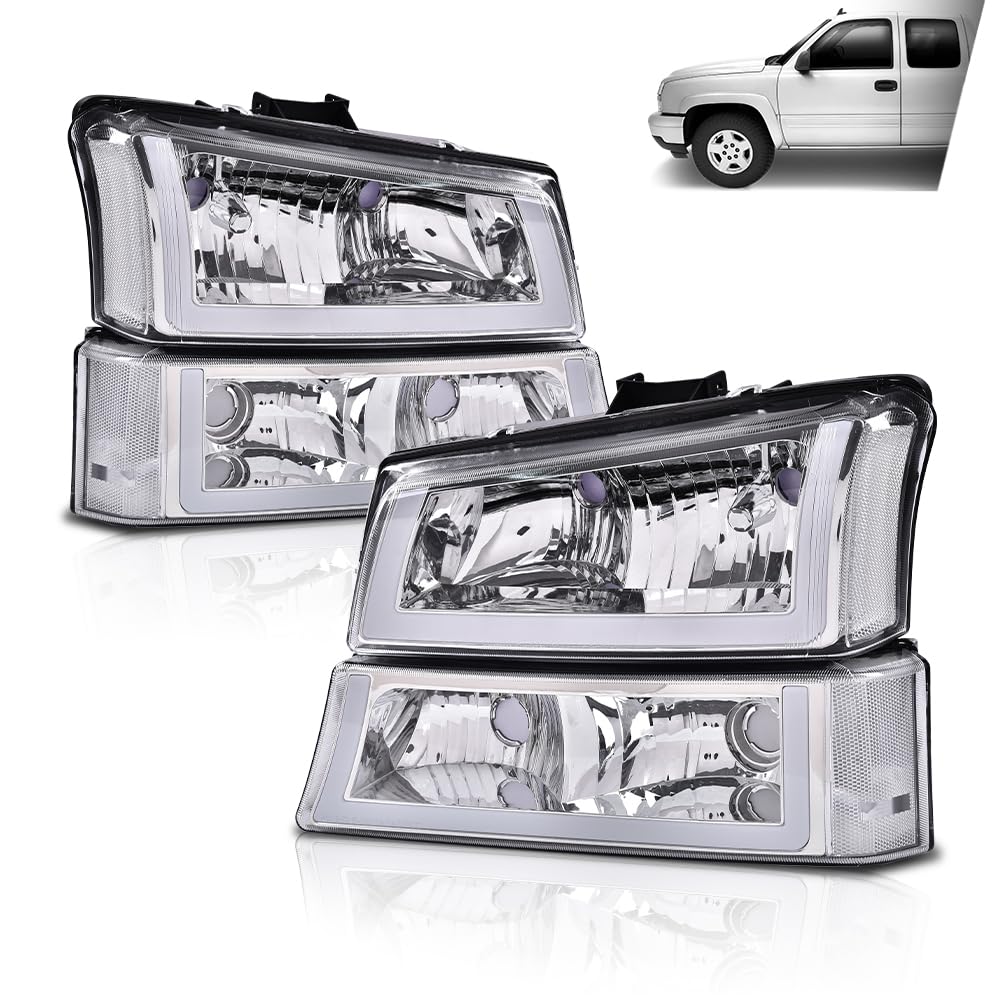 G-PLUS LED DRL Headlights, Compatible with 2003 2004 2005 2006 Chevy Silverado 1500/1500 HD/2500 HD/3500 Bumper Headlamps, Clear Lens Chrome Housing Clear Reflector