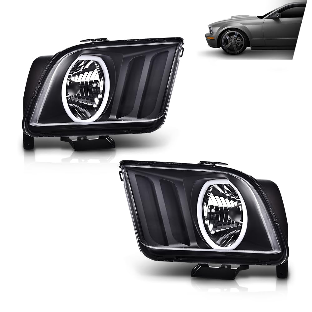 G-PLUS LED DRL Headlights, Compatible with Ford Mustang 2005 2006 2007 2008 2009 Bumper Headlamps, Clear Lens Black Housing Amber Reflector Left & Right,faros delanteros